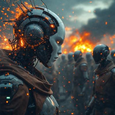 Primary subject: A robot with a red scarf standing in front of a group of robots.

Setting/background: The background features a fire, creating a dramatic and intense atmosphere.

Visual style: The image is a digital artwork, showcasing the robot and its surroundings in a detailed and intricate manner.

Colors and mood: The dominant colors are red and orange, which contribute to the fire's intensity and the overall mood of the scene.